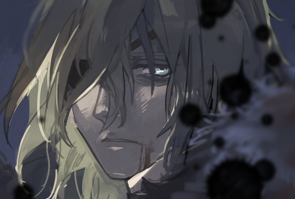 1boy, 33_gmk, bags_under_eyes, black_fur, blood, blood_on_face, blue_background, blue_eyes