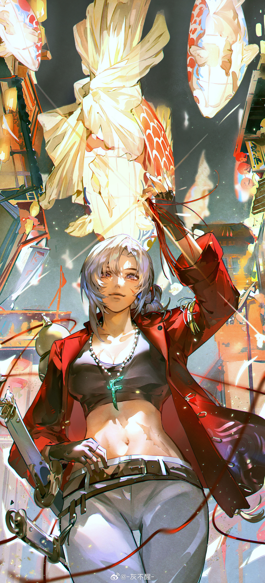 1girl, absurdres, animal_lantern, arm_up, belt, black_gloves, black_shirt, breasts