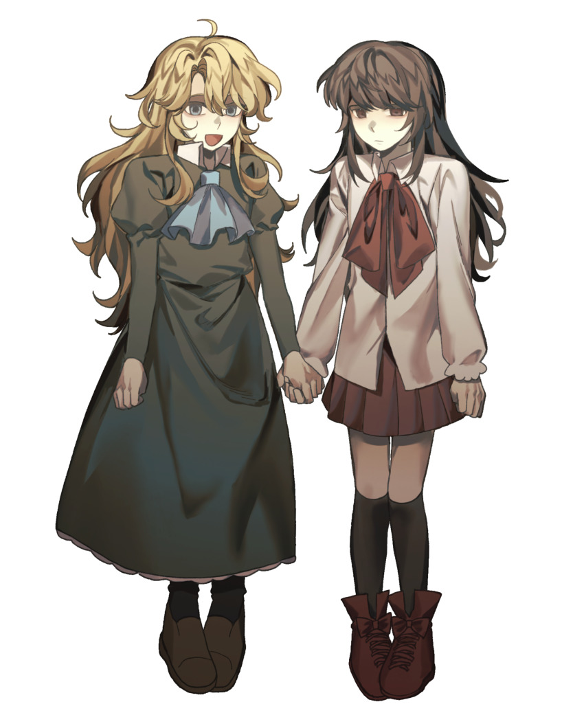 2girls, absurdres, ascot, black_socks, blonde_hair, blue_ascot, blue_eyes, boots, bow, brown_boots, brown_hair, chinese_commentary, chunaizhanshi23057, closed_mouth, collared_shirt, commentary, dress, empty_eyes, expressionless, flat_chest, footwear_bow, full_body, green_dress, highres, holding_hands, ib_(ib), ib_(kouri), juliet_sleeves, long_dress, long_hair, long_sleeves, mary_(ib), miniskirt, multiple_girls, neck_ribbon, open_mouth, pleated_skirt, puffy_sleeves, red_bow, red_eyes, red_ribbon, red_shoes, red_skirt, ribbon, shirt, shoes, simple_background, skirt, smile, socks, untucked_shirt, white_background, white_shirt