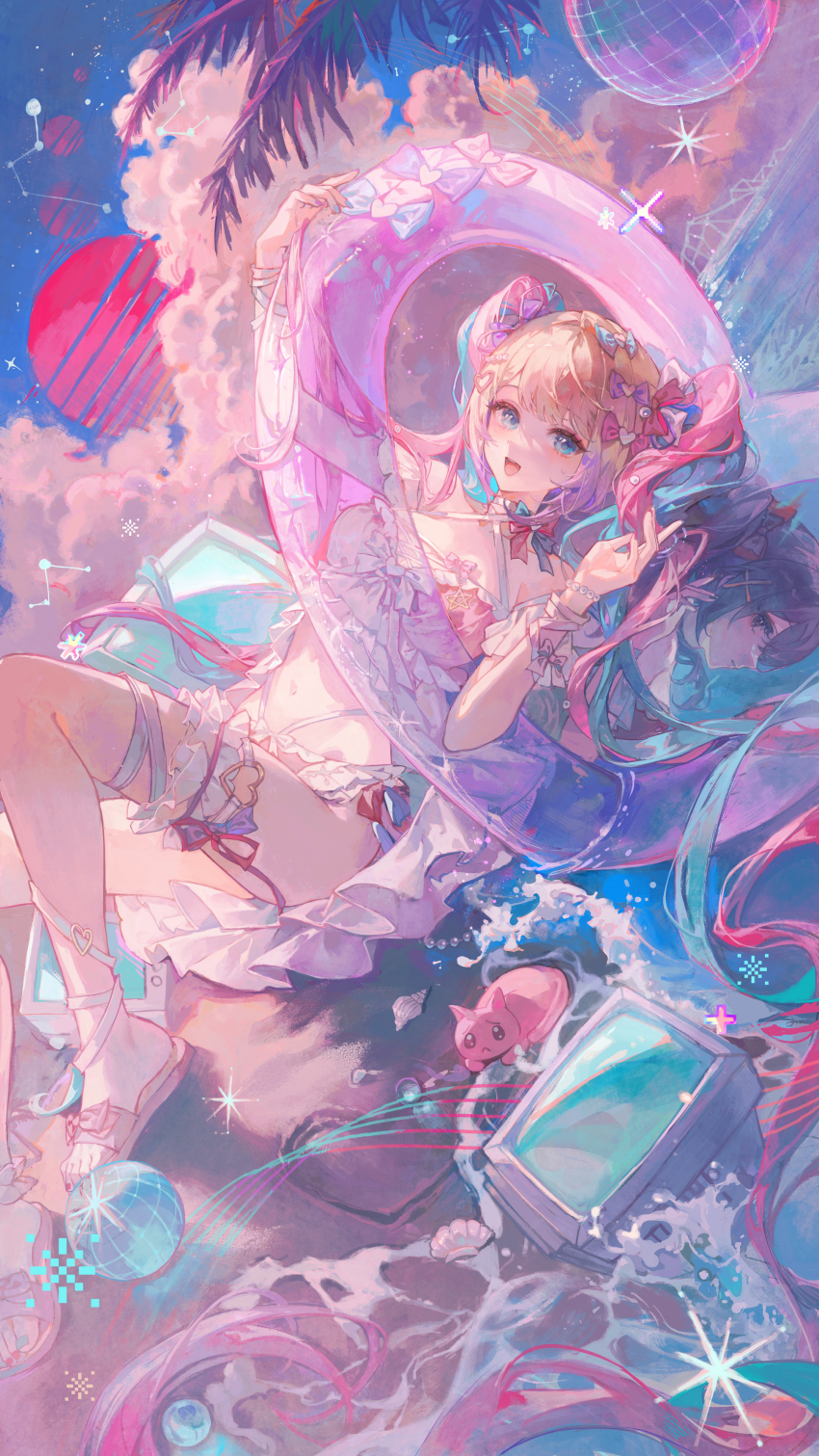 1girl, absurdres, ame-chan_(needy_girl_overdose), beach, bikini, blonde_hair, blue_bow, blue_eyes