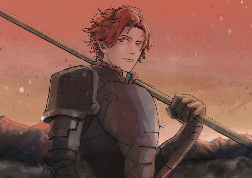 1boy, arm_up, armor, breastplate, closed_mouth, commentary, fire_emblem, fire_emblem:_three_houses