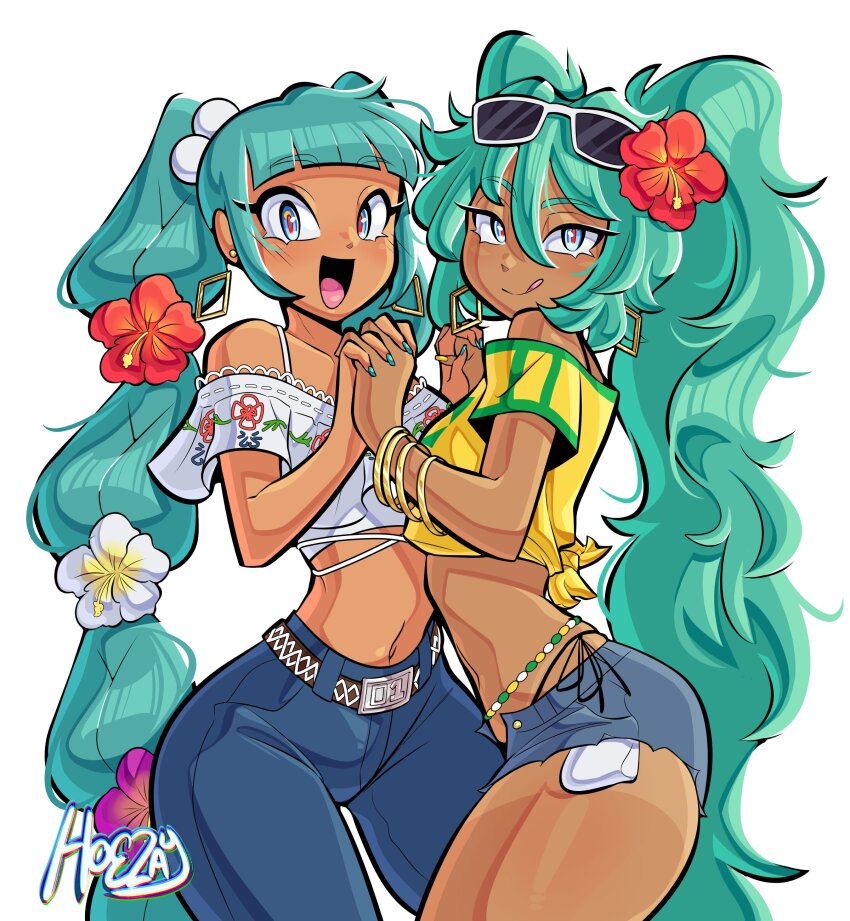 2girls, :d, :q, absurdres, aqua_eyes, aqua_hair, artist_name, bare_legs, belly_chain, belt, bikini, bikini_under_clothes, blunt_bangs, blush, borrowed_design, bottle, bracelet, braid, brazilian_miku, collarbone, crop_top, dark-skinned_female, dark_skin, denim, denim_shorts, dual_persona, earrings, eyewear_on_head, floral_print, flower, gold_earrings, hair_flower, hair_ornament, hatsune_miku, hibiscus, highres, hoezayburger, holding, holding_hands, interlocked_fingers, jarritos, jeans, jewelry, long_hair, looking_at_viewer, mexican_miku_(beffkawa), midriff, multi-tied_hair, multiple_girls, multiple_persona, navel, no_sclera, off-shoulder_shirt, off_shoulder, open_clothes, open_mouth, open_shorts, pants, print_shirt, rectangular_earrings, red_flower, shirt, short_shorts, short_sleeves, shorts, simple_background, smile, sparkle, standing, sunglasses, swimsuit, tan, tanline, tongue, tongue_out, twin_braids, very_long_hair, vocaloid, wavy_hair, white_background, worldwide_miku