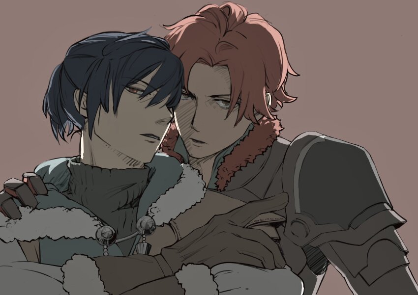 2boys, aqua_cape, armor, blue_hair, breastplate, brown_background, brown_gloves, cape