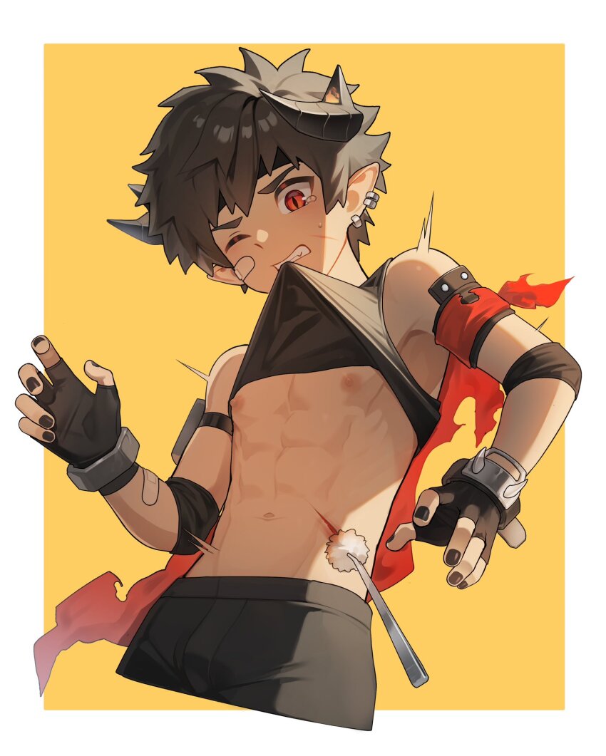 1boy, abs, bandaid, bandaid_on_cheek, bandaid_on_face, black_horns, black_nails, black_tank_top