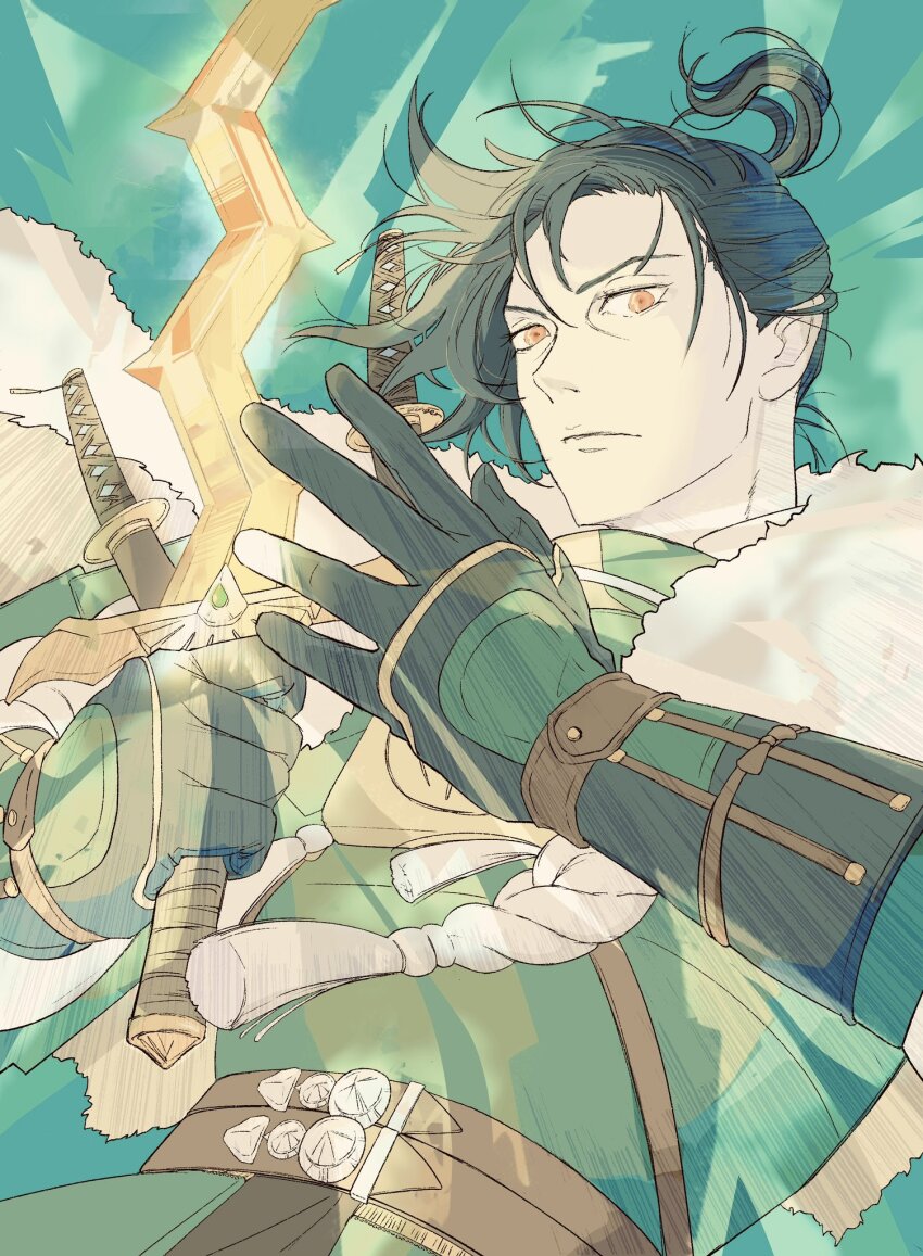 1boy, aqua_background, armor, arms_up, belt, black_gloves, blue_hair, brown_belt