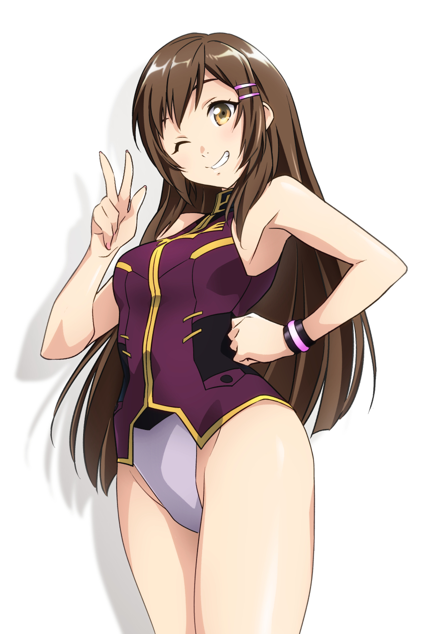 1girl, absurdres, bodysuit, breasts, brown_hair, gundam, gundam_breaker_4, hair_ornament, highres, long_hair, looking_at_viewer, military_uniform, one_eye_closed, satsukino_misa, simple_background, sleeveless, smile, tsunashima_shirou, v, wristband