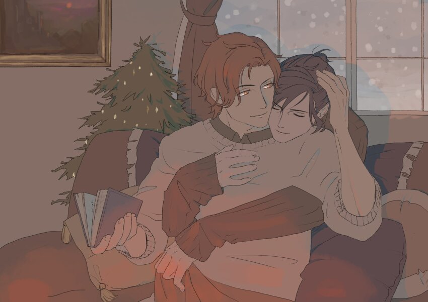2boys, arm_up, arms_around_another's_back, black_hair, black_shirt, black_sweater, blanket, book