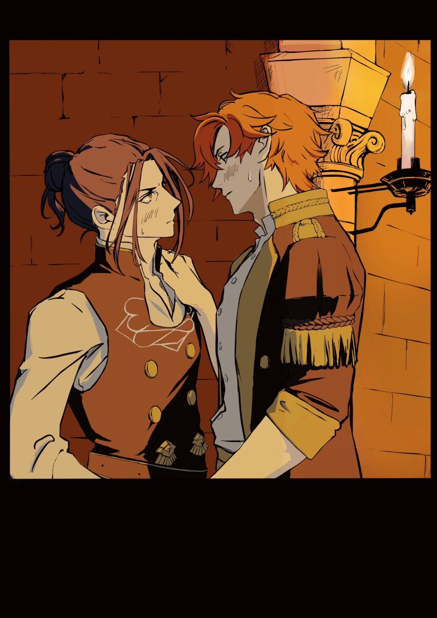 2boys, black_border, black_hair, black_vest, blush, border, buttons, candle, collared_shirt, commentary, eye_contact, felix_hugo_fraldarius, fire, fire_emblem, fire_emblem:_three_houses, garreg_mach_monastery_uniform, ginger_8888, hand_on_another's_shoulder, highres, jacket, long_sleeves, looking_at_another, male_focus, mixed-language_commentary, multiple_boys, negative_space, nintendo, open_clothes, open_collar, open_jacket, orange_hair, ponytail, sconce, shirt, short_ponytail, sleeve_cuffs, sleeveless, stone_wall, sweat, sweatdrop, sylvain_jose_gautier, tassel, upper_body, vest, white_shirt