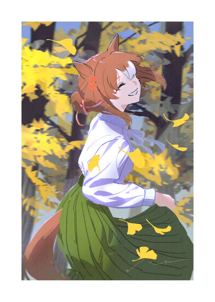 1girl, animal_ears, autumn_leaves, brown_hair, closed_eyes, clothes_lift, day, fine_motion_(casual)_(umamusume)