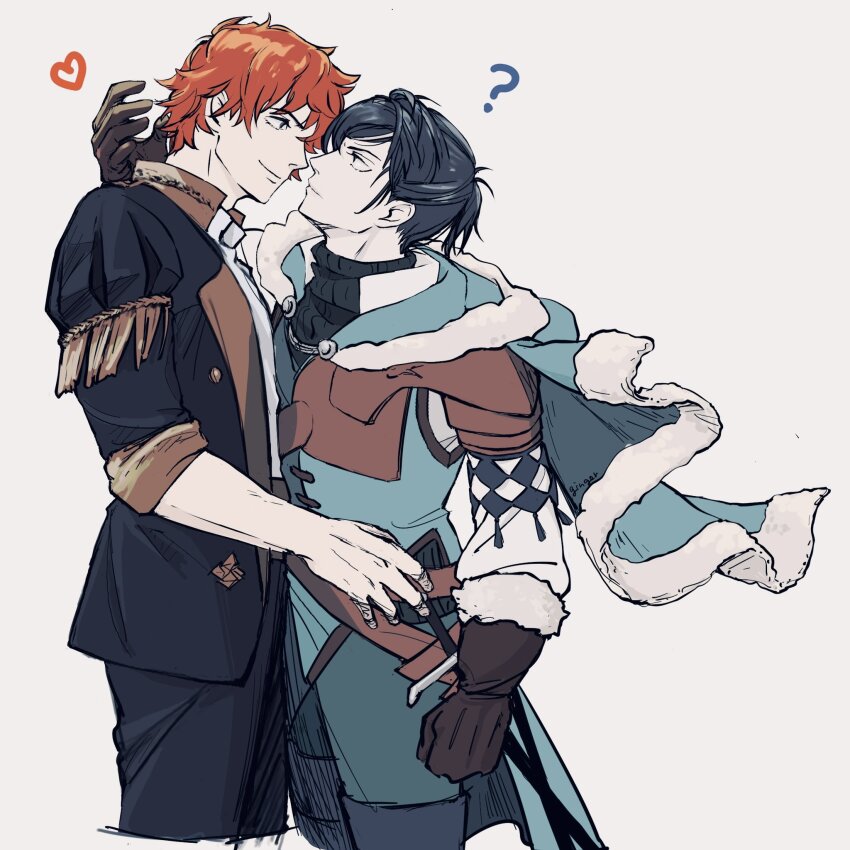 2boys, ?, aqua_cape, aqua_tunic, arm_around_neck, armor, belt, black_gloves