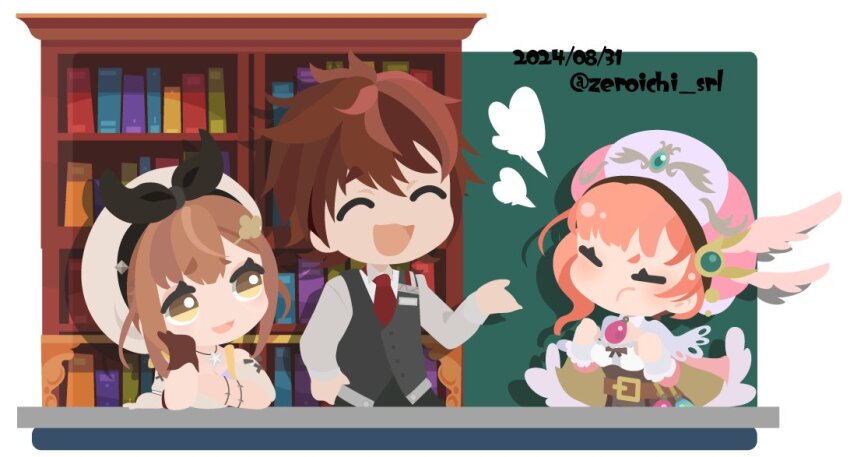 01_(zeroichi_srl), 1boy, 2girls, ^_^, atelier_(series), atelier_resleriana, atelier_rorona, atelier_ryza