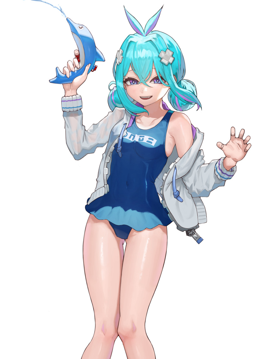 absurdres, bare_legs, bare_shoulders, blue_eyes, blue_hair, collarbone, commentary, dolphin