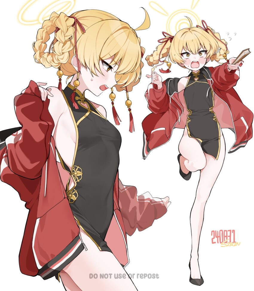 1girl, ahoge, alternate_costume, artist_name, black_dress, blonde_hair, blue_archive, braid, breasts, china_dress, chinese_clothes, dated, dress, hair_ribbon, halo, hand_fan, highres, holding, holding_fan, jacket, multiple_views, open_mouth, red_jacket, red_ribbon, ribbon, simple_background, sirin_(sirin_8_8), small_breasts, standing, standing_on_one_leg, white_background, yellow_eyes, yellow_halo, yoshimi_(blue_archive)