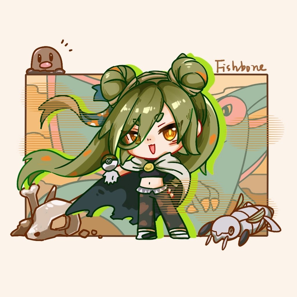 1girl, :3, :d, animal_skull, cape, diglett, double_bun, eyes_visible_through_hair