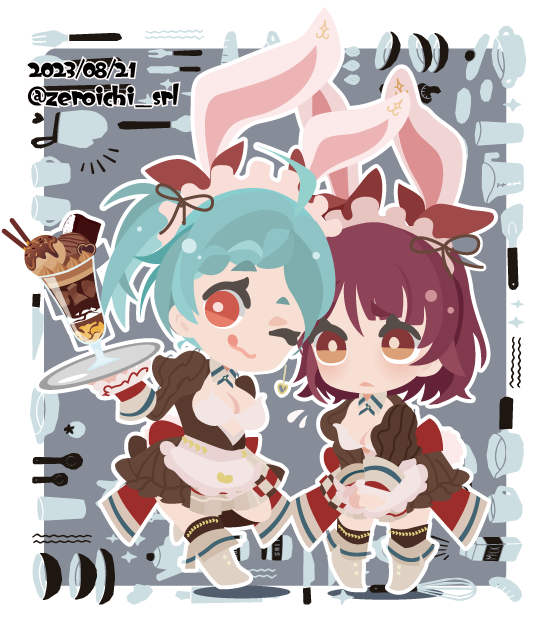 01_(zeroichi_srl), 2girls, ;q, animal_ears, apron, atelier_(series), atelier_sophie, blue_hair, boots, braid, braided_bangs, breasts, brown_dress, brown_eyes, chibi, chibi_only, cleavage, dated, dress, fake_animal_ears, flying_sweatdrops, food, full_body, hair_ribbon, holding, holding_tray, long_sleeves, looking_at_viewer, maid_headdress, medium_breasts, multiple_girls, no_lineart, one_eye_closed, outline, parfait, rabbit_ears, red_eyes, red_hair, red_ribbon, ribbon, short_hair, shy, side_ponytail, smile, sophie_neuenmuller, standing, tess_heitzmann, tongue, tongue_out, tray, twitter_username, white_apron, white_outline