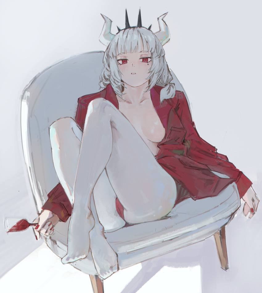 1girl, absurdres, chair, crown, cup, demon_girl, demon_horns, drinking_glass