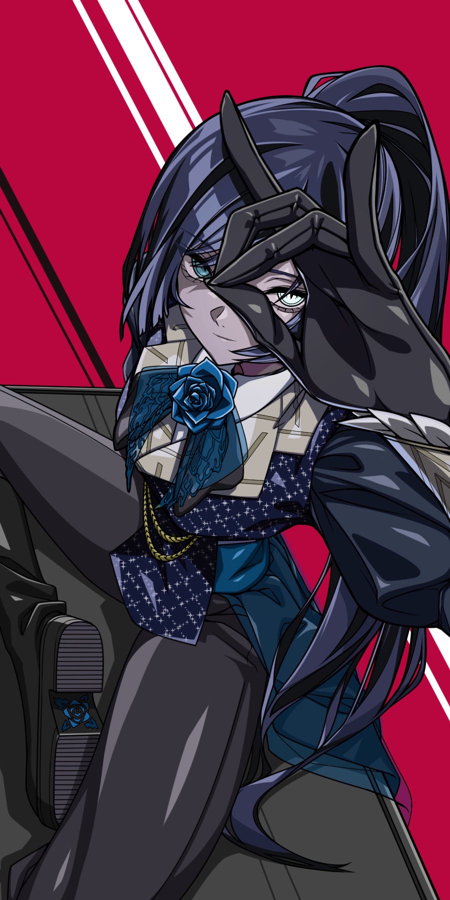 1girl, ado_(utaite), black_footwear, black_gloves, black_pants, blue_bow, blue_bowtie, blue_eyes, blue_flower, blue_hair, blue_rose, blue_vest, bow, bowtie, brooch, closed_mouth, commentary_request, egoist_tosummer, flower, flower_brooch, gloves, heterochromia, highres, long_hair, looking_at_viewer, mars_(ado), ok_sign, ok_sign_over_eye, pants, ponytail, red_background, rose, shoka_(ado), solo, utaite, vest, white_eyes