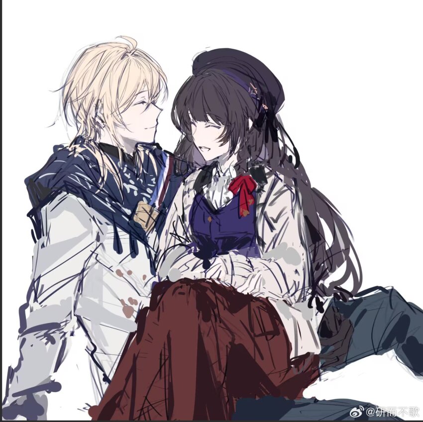 1boy, 1girl, :d, alkaid_mcgrath, alkaid_mcgrath_(morning_mist), arm_support, beret, black_hair, black_hat, black_ribbon, blonde_hair, blue_pants, blue_scarf, blue_vest, blunt_bangs, braid, cardigan, closed_eyes, closed_mouth, collared_shirt, facing_another, feet_out_of_frame, hair_between_eyes, hair_ribbon, hat, hat_ribbon, heroine_(lovebrush_chronicles), highres, knees_up, long_hair, long_skirt, long_sleeves, lovebrush_chronicles, medium_hair, open_mouth, pants, paw_print, profile, red_ribbon, red_skirt, ribbon, scarf, shirt, side_braid, simple_background, sitting, sitting_on_lap, sitting_on_person, skirt, smile, vest, watermark, weibo_watermark, white_background, white_cardigan, white_shirt, yan_ge