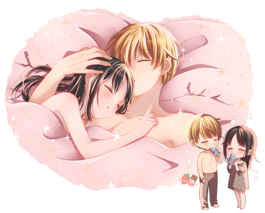 1boy, 1girl, :o, barefoot, black_hair, blanket, blonde_hair, blush, chibi, chocotomamenoki, collarbone, drinking, hand_in_pocket, hetero, kaguya-sama_wa_kokurasetai_~tensai-tachi_no_renai_zunousen~, long_hair, lying, on_side, pants, pillow, shinomiya_kaguya, shirogane_miyuki, shirt, short_hair, sleeping, sleepy, sparkle, topless_female, topless_male, water