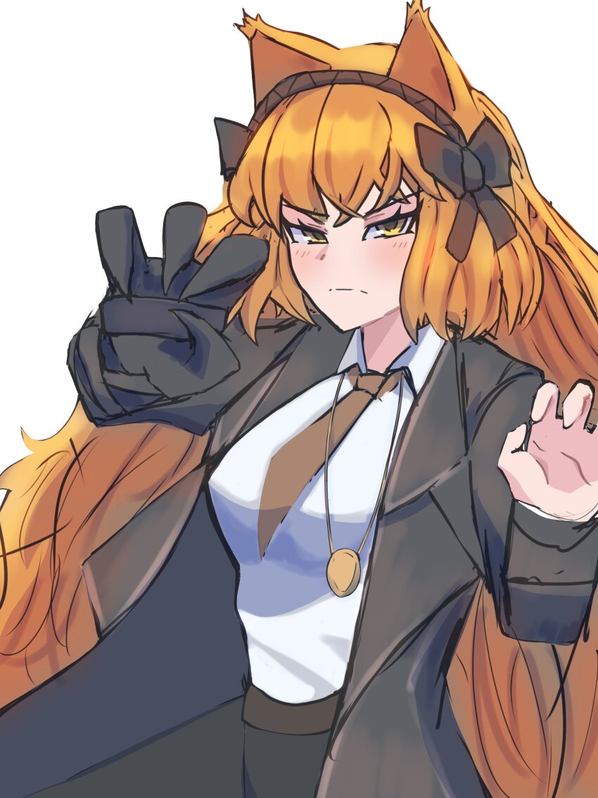 1girl, absurdres, black_bow, black_coat, black_hairband, blush, bow, breasts