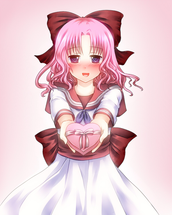 1girl, blush, bow, emukae_mukae, female_focus, gift, heart, medaka_box