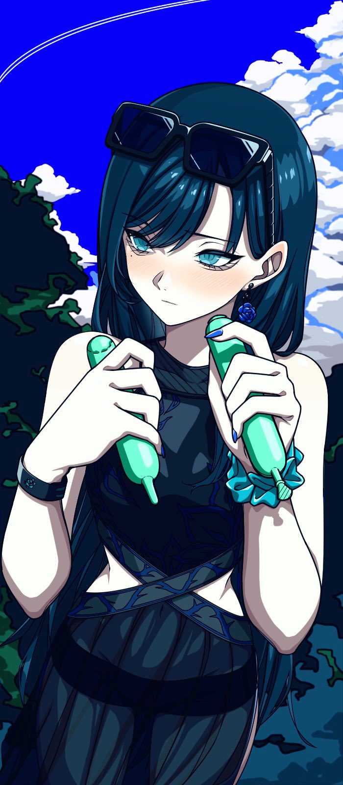 1girl, ado_(utaite), bikini, bikini_under_clothes, blue_dress, blue_eyes, blue_hair, blue_nails