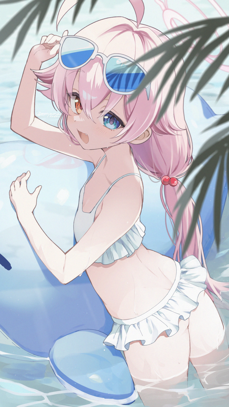 1girl, :d, adjusting_eyewear, ahoge, bare_arms, bare_shoulders, bikini, blue-tinted_eyewear