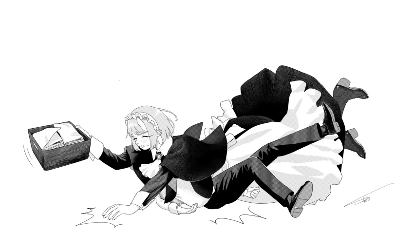 1boy, 1girl, apron, belt, bob_cut, boots, demon_girl, demon_horns