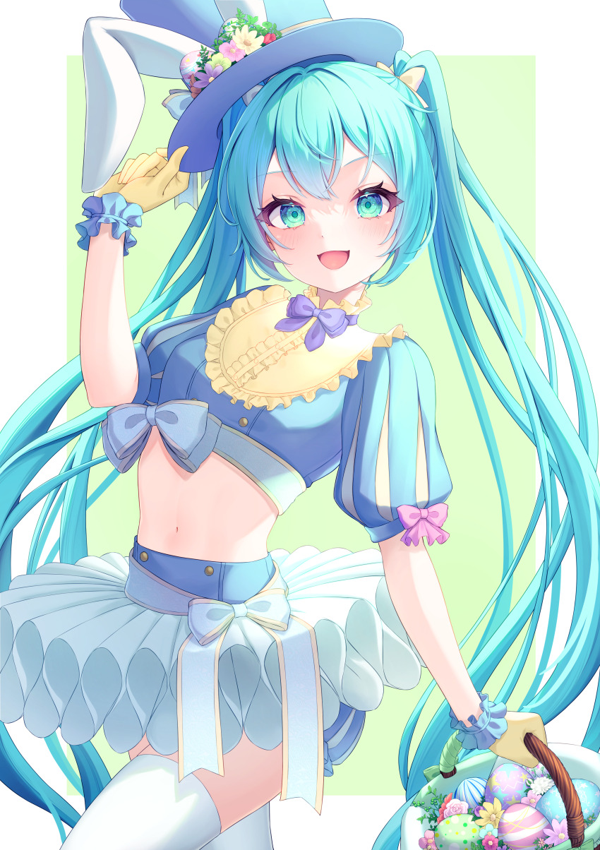 1girl, :d, absurdres, animal_ears, aqua_eyes, aqua_hair, aqua_shirt, arched_back, basket, bent_over, blue_hat, blue_shorts, blue_wrist_cuffs, blush, bow, skirt_bow, bowtie, buttons, costume_request, cowboy_shot, cropped_shirt, double-breasted, easter_egg, egg, fake_animal_ears, flower, frilled_wrist_cuffs, frills, gloves, hair_bow, hat, hat_flower, hatsune_miku, highres, holding, holding_basket, holding_unworn_clothes, holding_unworn_hat, long_hair, looking_at_viewer, nanai29177, navel, open_mouth, pink_bow, pleated_skirt, puffy_sleeves, purple_bow, purple_bowtie, rabbit_ears, shirt, shorts, sidelocks, skirt, sleeve_bow, smile, solo, thick_eyelashes, thighhighs, top_hat, twintails, unworn_hat, unworn_headwear, very_long_hair, vocaloid, white_bow, white_skirt, white_thighhighs, wrist_cuffs, yellow_bow, yellow_gloves