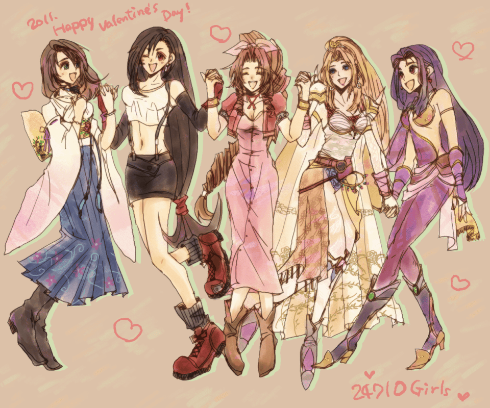00s, 1980s_(style), 1990s_(style), 5girls, aerith_gainsborough, black_hair, blonde_hair, blue_eyes, boots, bracelet, brown_hair, cape, detached_sleeves, dress, earrings, elbow_gloves, closed_eyes, female_focus, final_fantasy, final_fantasy_ii, final_fantasy_iv, final_fantasy_vii, final_fantasy_x, fingerless_gloves, gloves, hair_ornament, holding_hands, happy, jacket, jewelry, leotard, maria_(ff2), miniskirt, multiple_girls, retro_artstyle, open_mouth, pants, pantyhose, pink_ribbon, purple_hair, red_eyes, ribbon, rosa_farrell, shoulder_pads, skirt, suspenders, tank_top, tifa_lockhart, valentine, wink, yadoso, yuna