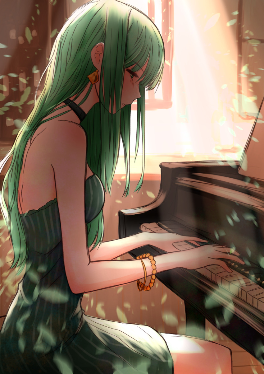 1girl, bead_bracelet, beads, blush, bracelet, breasts, choker, dress, earrings, gold_bracelet, gold_earrings, grand_piano, green_choker, green_dress, green_eyes, green_hair, highres, indie_virtual_youtuber, instrument, jewelry, light_particles, light_rays, long_hair, mikan_mizu, music, nah_(vtuber), piano, playing_instrument, playing_piano, short_dress, sitting, small_breasts, smile, straight_hair, sunlight, virtual_youtuber, window