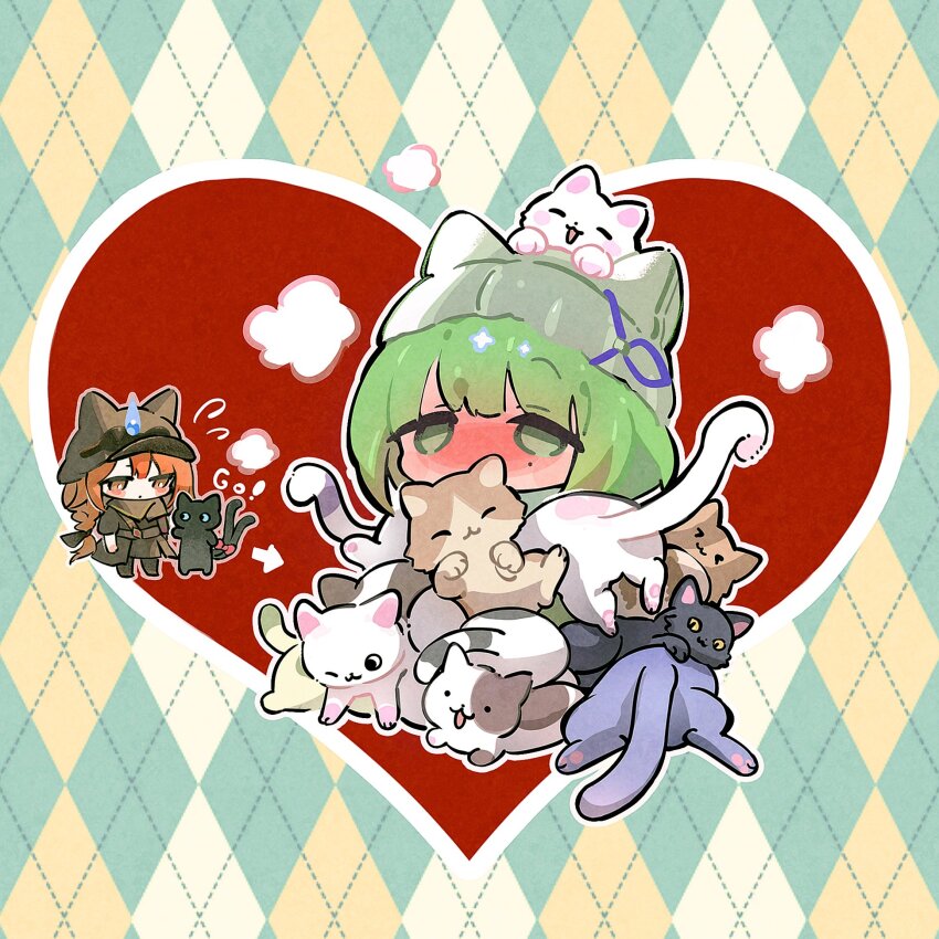 2girls, animal, animal_on_head, arknights, ash_(rainbow_six_siege), ash_(ranger)_(rainbow_six_siege), beanie, blush