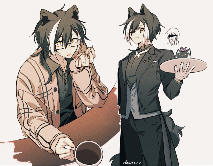 1boy, :o, ;3, animal_ears, black_coat, black_hair, black_pants, black_suit