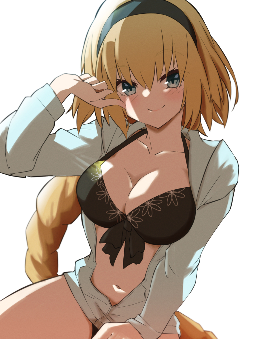 1girl, bikini, black_bikini, black_hairband, blonde_hair, blue_eyes, braid, breasts