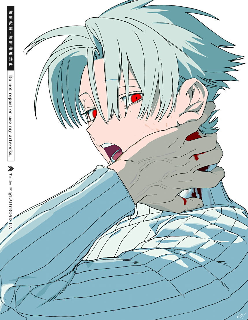 1boy, bishounen, bleeding, blood, blood_on_neck, covering_injury, curtained_hair, hand_on_own_neck