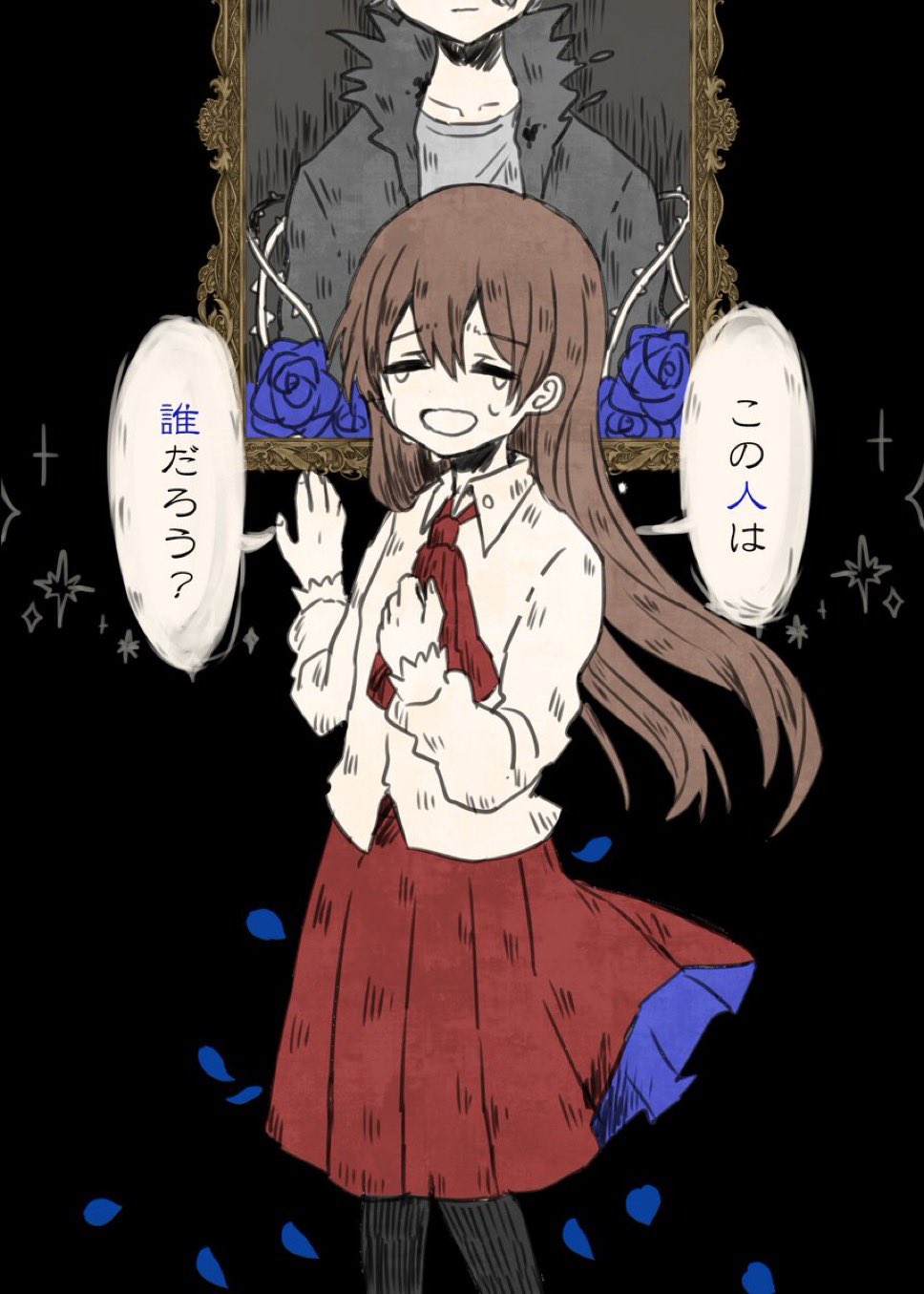 1girl, blue_flower, blue_rose, bow, brown_hair, crying, flower, garry_(ib)