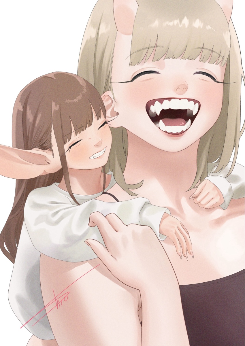 2girls, camisole, closed_eyes, demon_girl, demon_horns, fangs, highres, horns