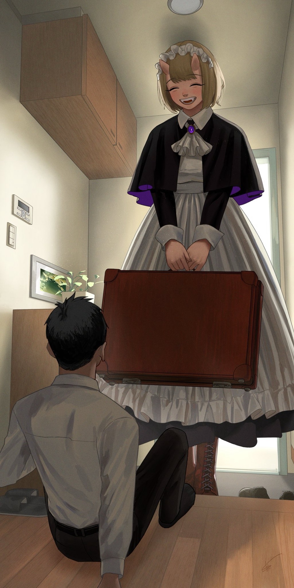 1boy, 1girl, apron, black_hair, bob_cut, boots, ceiling, closed_eyes, demon_girl, demon_horns, doorway, dress_shirt, fangs, floor, hallway, highres, holding, holding_suitcase, horns, indoors, long_sleeves, maid, maid_headdress, oni, open_mouth, original, photo_(object), plant, potted_plant, shio_maneki0, shirt, shoes, short_hair, sitting, size_difference, smile, suitcase, surprised, tall_female, unworn_shoes, wooden_floor