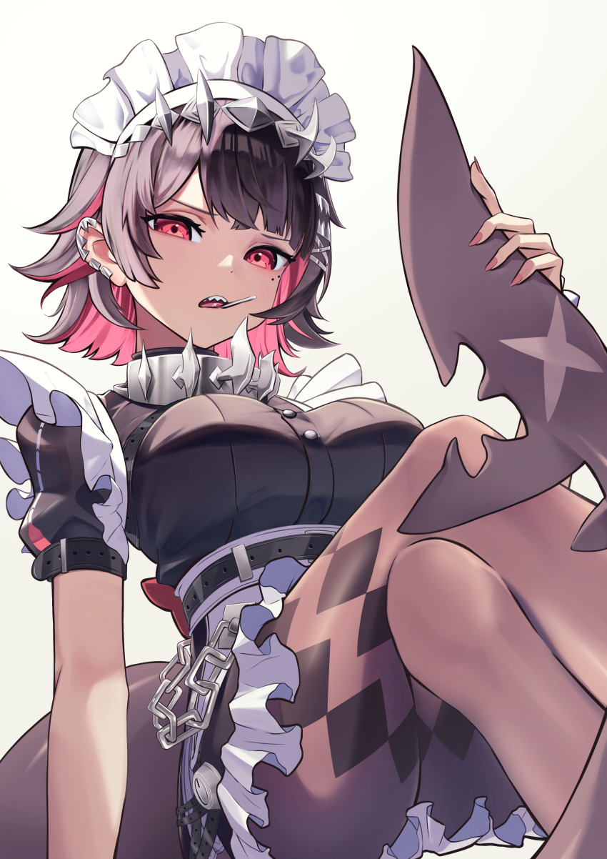 1girl, absurdres, black_hair, black_pantyhose, breasts, colored_inner_hair, cowboy_shot, earrings