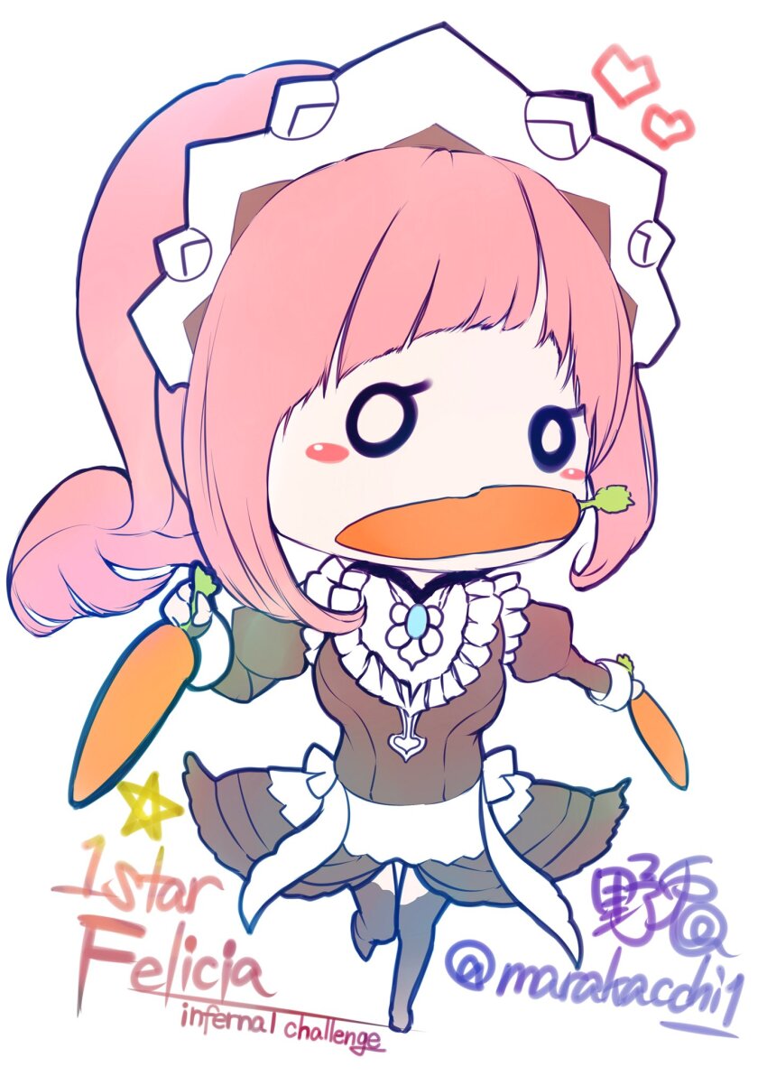 1girl, apron, carrot, feather_trim, felicia_(fire_emblem), fire_emblem, fire_emblem_fates, highres, long_hair, looking_at_viewer, maid, maid_apron, maid_headdress, marakacchi1, nintendo, pink_hair, ponytail, solo