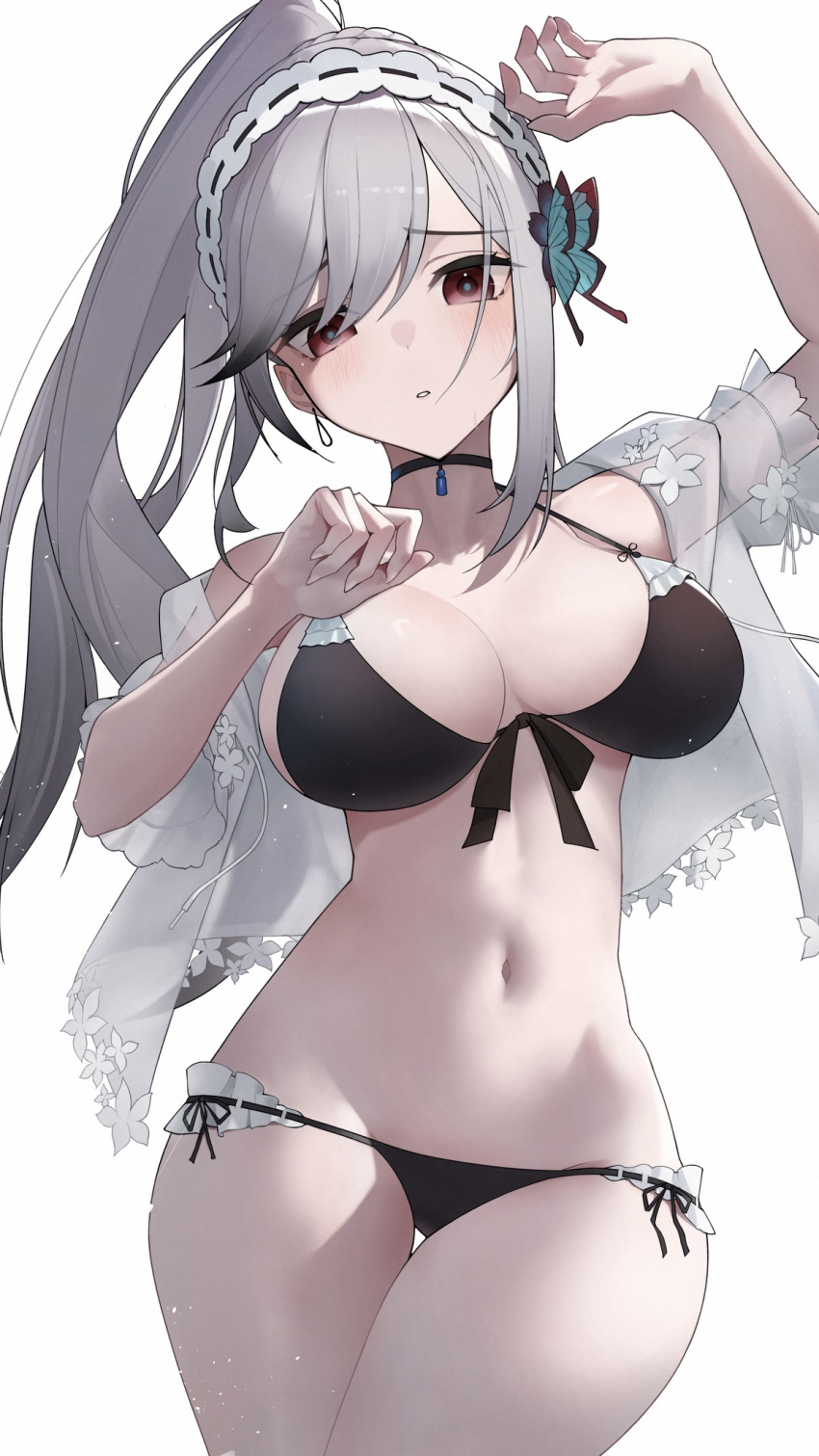 1girl, arm_up, azur_lane, bare_shoulders, bikini, black_choker, breasts, butterfly_hair_ornament