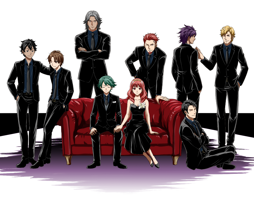 1girl, 6+girls, alm_(fire_emblem), alternate_costume, atlas_(fire_emblem), black_dress, black_hair, black_suit