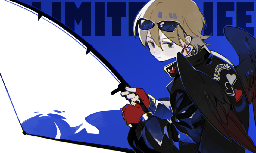 1boy, adapted_costume, bad_boys_(limited_life_smp), bird_boy, bird_wings, blue_background, blue_eyes, commentary