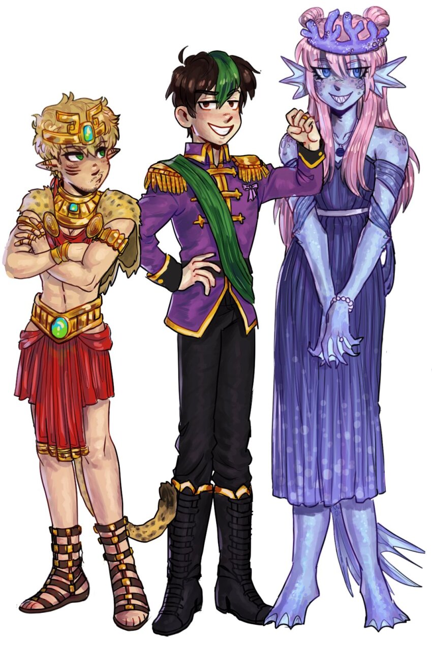 1girl, 2boys, animal_print, belt, blonde_hair, blue_eyes, boots, brown_eyes