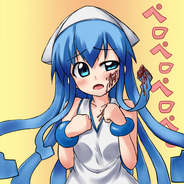 1girl, aoyagi_kakerugeki, blue_eyes, blue_hair, chocolate, chocolate_on_face, dress, female_focus