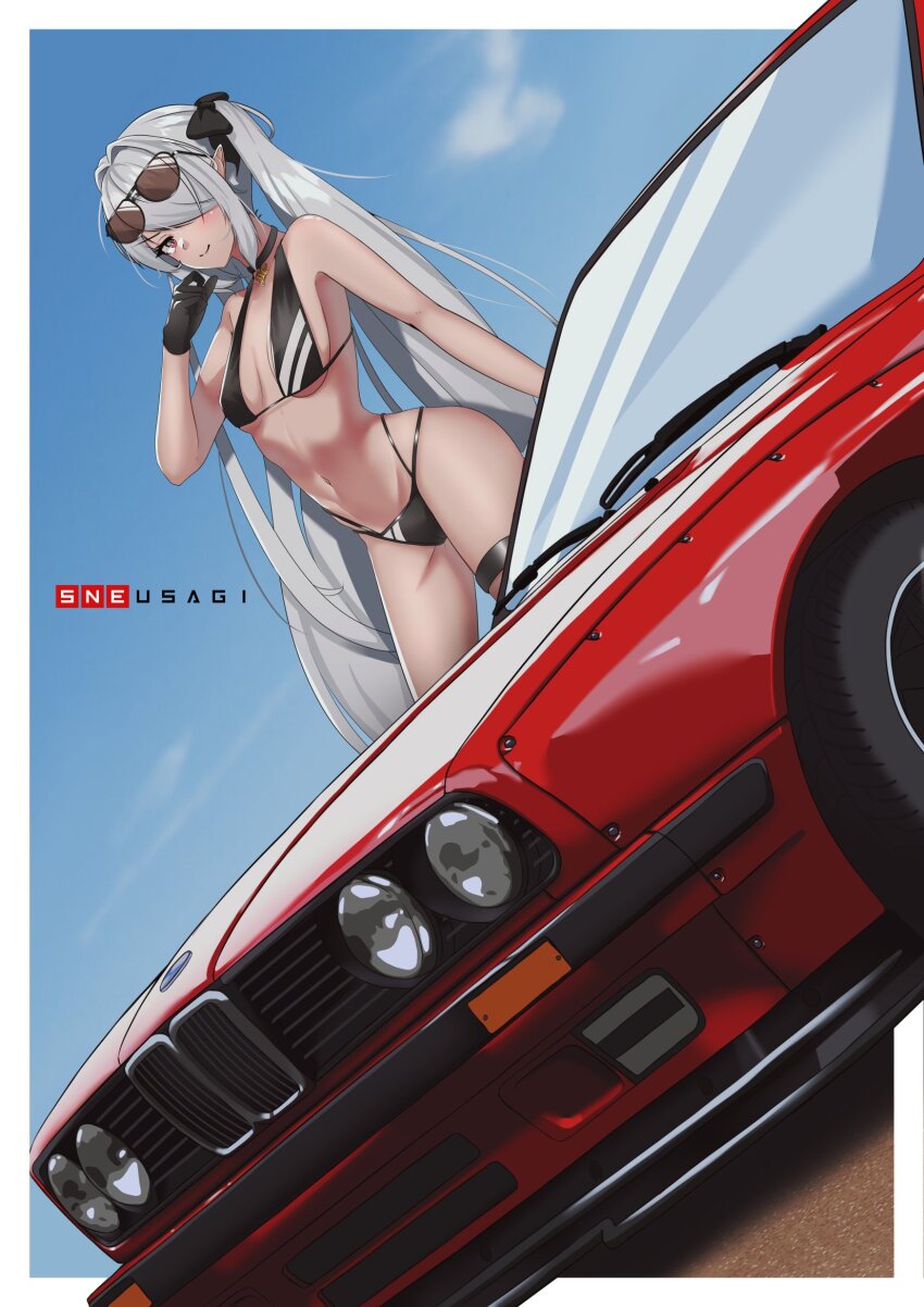1girl, aviator_sunglasses, bikini, black_bikini, black_choker, black_gloves, blue_archive, blush, bmw, bmw_3_series, bmw_e30, bmw_m3, border, breasts, choker, cloud, commentary, dark-skinned_female, dark_skin, english_commentary, eyewear_on_head, gloves, hair_behind_ear, hair_intakes, hair_over_one_eye, highres, iori_(blue_archive), iori_(swimsuit)_(blue_archive), long_hair, looking_at_viewer, navel, official_alternate_costume, outside_border, pointy_ears, red_eyes, shadow, sky, small_breasts, smile, sneusagi, solo, sunglasses, swimsuit, thigh_strap, vehicle_focus, very_long_hair, white_border