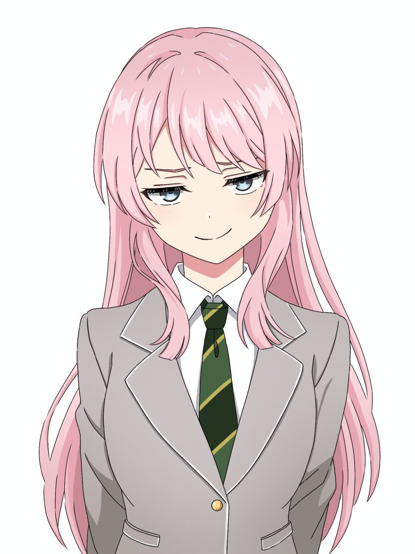 1girl, a_whydc, bang_dream!, bang_dream!_it's_mygo!!!!!, blazer, blush, chihaya_anon, closed_mouth, collared_shirt, commentary, diagonal-striped_clothes, diagonal-striped_necktie, green_necktie, grey_eyes, grey_jacket, hashtag-only_commentary, highres, jacket, long_hair, looking_at_viewer, necktie, pink_hair, scene_reference, shirt, simple_background, smile, solo, striped_clothes, tokidoki_bosotto_roshia-go_de_dereru_tonari_no_alya-san, upper_body, white_background, white_shirt