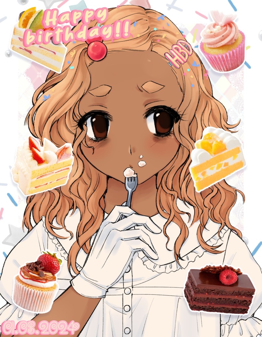 1girl, 2000s_(style), birthday, blonde_hair, brown_eyes, cake, cake_slice, commentary