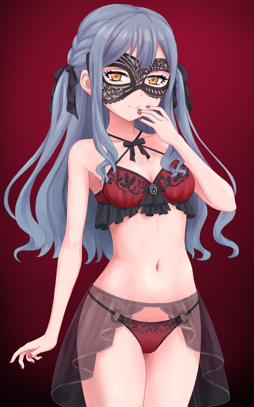 1girl, absurdres, ave_mujica_(bang_dream!), bang_dream!, black_bow, black_mask, blue_hair, bow
