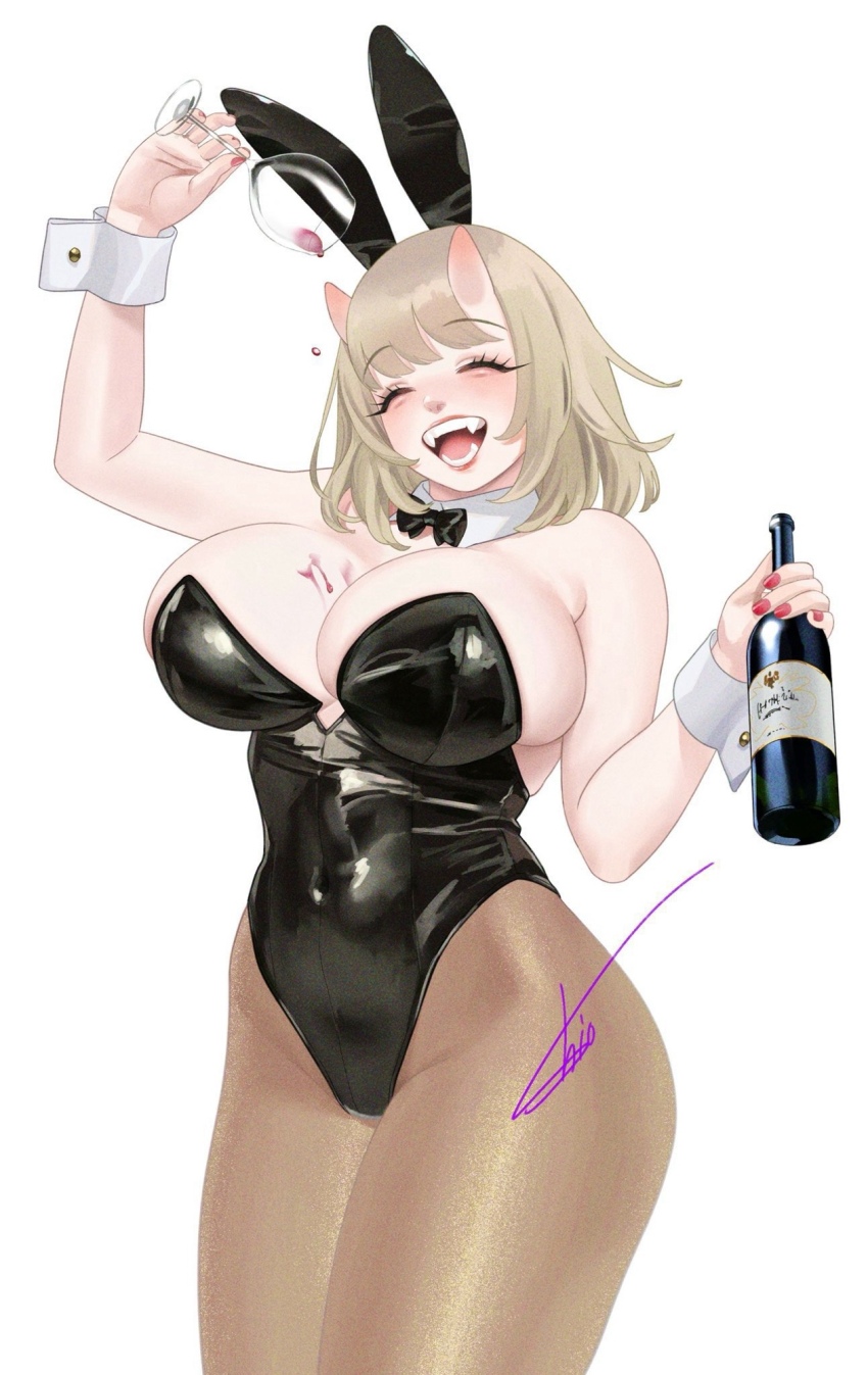 1girl, alcohol, black_leotard, blonde_hair, bottle, breasts, closed_eyes, cowboy_shot